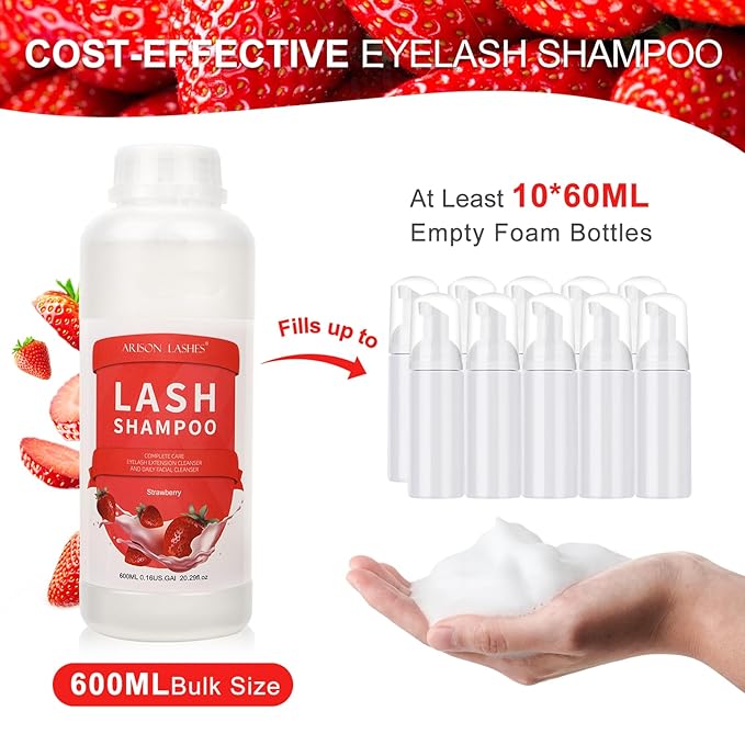 Arison Eyelash Eyelash Extension Shampoo 600ml / Eyelid Foaming Cleanser/Wash for Extensions and Natural Lashes/Paraben & Sulfate Free Safe Makeup & / Professional & Self Use (Strawberry)