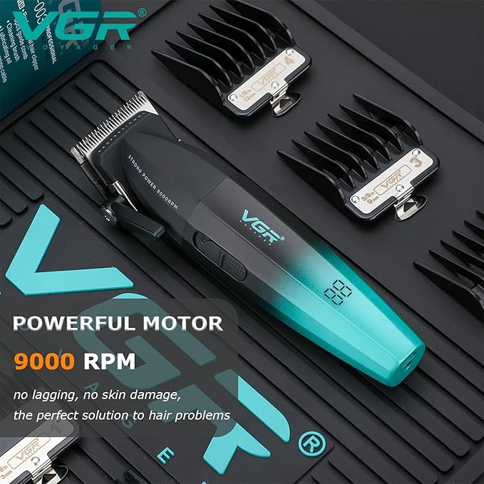 VGR 003 Fresh Fade Hair Clipper, Professional Hair Trimmer, Cord/Cordless Rechargeable Hair Cutting Tools with LED Display, 9000 RPM Barber Clippers, Green