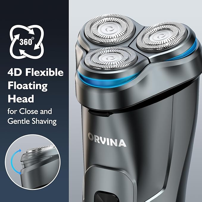 Electric Razor for Men Face, ORVINA Electric Shavers for Men, Portable Rechargeable Waterproof Rotary Shaver with Pop-up Trimmer, LED Display and Travel Lock for Beard Trimming (Silver)
