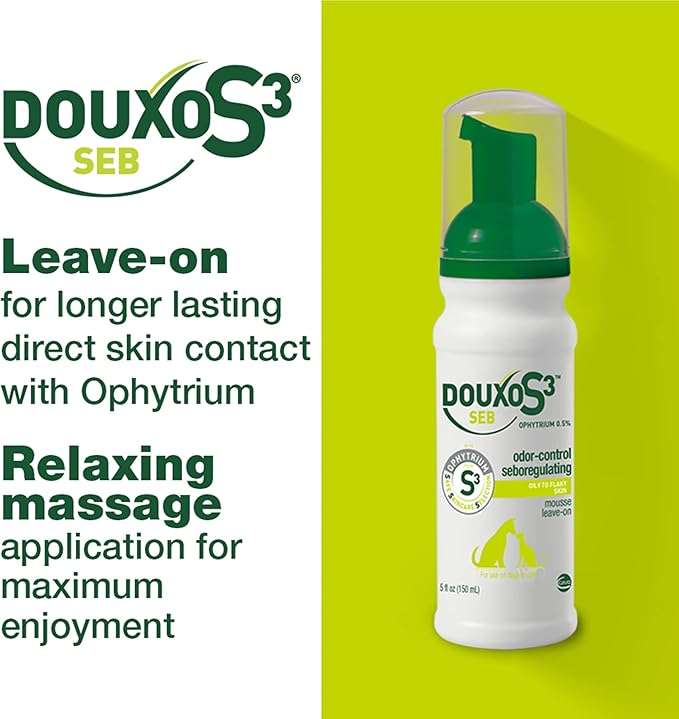 Douxo S3 Seb Mousse, Contains 0.5% Ophytrium, Odor Control & Seboregulating, For Oily to Flaky Skin, Seborrhea, For Dogs and Cats, 5.1 fl. oz. (150mL)