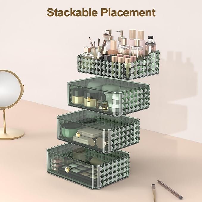 Makeup Organizer for Vanity, Stackable Cosmetics Organizer and Storage, Cosmetic Display Cases with 3 Drawers and 1 Tray for Makeup Brush, Hair Accessories, Lipstick and Jewelry, Green