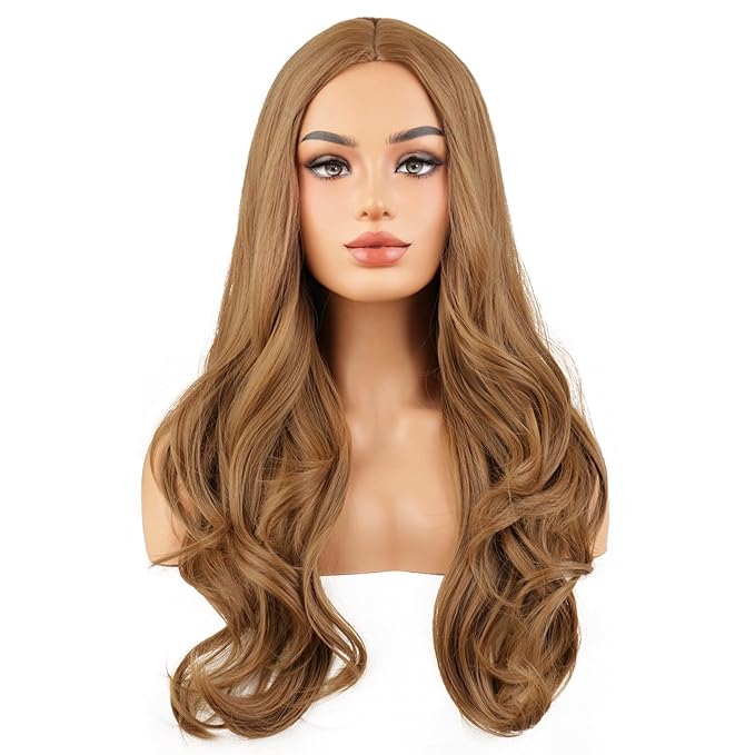 BERON Light Brown Long Wavy Wig for Women Girls Natural Curly Middle Part Heat Resistant Synthetic Hair Wigs for Cosplay Party Daily Use