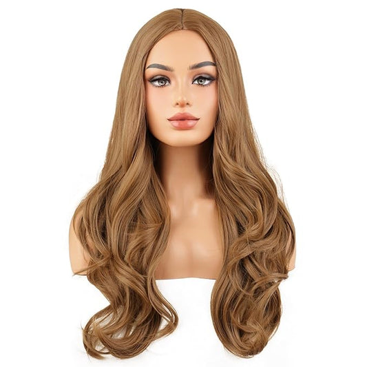 BERON Light Brown Long Wavy Wig for Women Girls Natural Curly Middle Part Heat Resistant Synthetic Hair Wigs for Cosplay Party Daily Use
