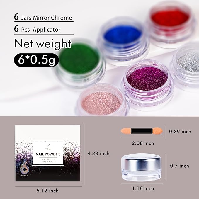 6 Colors Set 0.5g/Jar Holographic Chrome Nail Powder Metallic Mirror Effect Pigment Dust for Gel Nail Art Manicure Decoration (TA 6 Pcs Set-01)