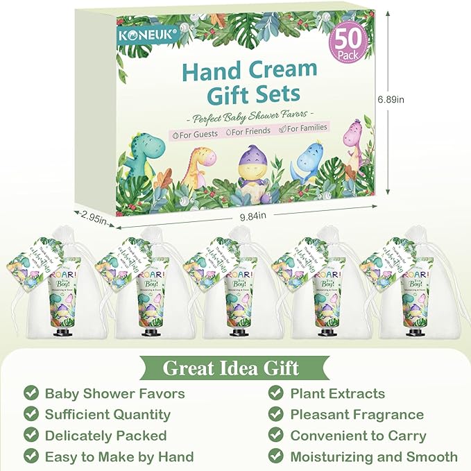 50 Pack Bulk Hand Cream Gifts Sets, Baby Shower Favors and Wedding Welcome Bag Stuffers for Guests with Thank You Card and Organza Gift Bags, Appreciation Gifts, Bridal Shower Favors (Dinosaur)