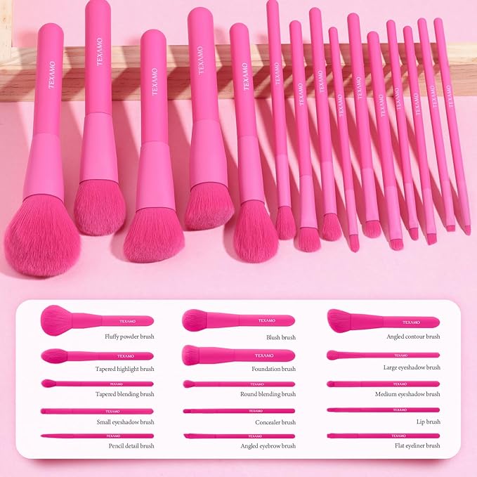 Makeup Brush Set, 15 Piece Quality Makeup Brushes, Premium Synthetic Make Up Brushes for Foundation Powder Blush Highlighter Concealer Makeup Brush Kit for Travel, Hot Pink