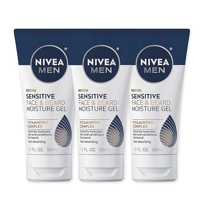 NIVEA Men Sensitive Face and Beard Moisture Gel, Gentle Face and Beard Moisturizer for Men Instantly Hydrates Skin and Conditions Facial Hair, 1.7 Fl Oz Tube, Pack of 3