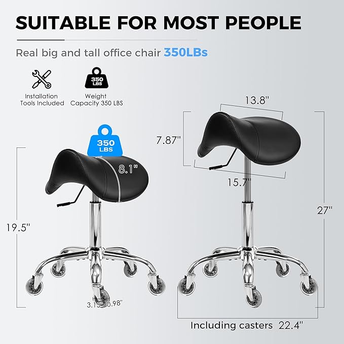 BEWISHOME Saddle Stool with Wheels, Swivel Adjustable Rolling Stool,Heavy Duty PU Leather Wide Thick Seat Padding Ergonomic Chair for Beauty Salon Spa Clinic(Black) BMD01B