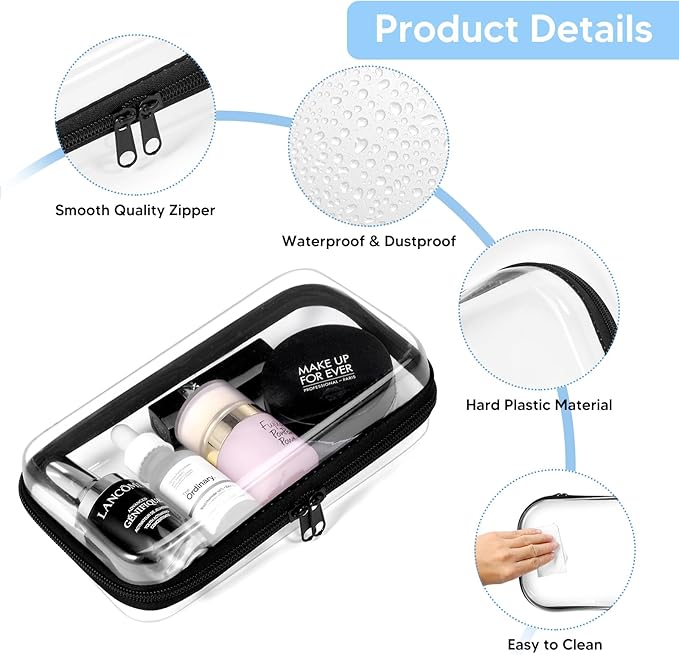 3 Pack Zippered Hard Pouch, Clear Hard Shell Zipper Case, Clear Plastic Storage Box Containers Small Toiletry Bag for Small Items, Toys, Building Blocks, Puzzles, Cosmetics&Stationery, 3 Size (Black)