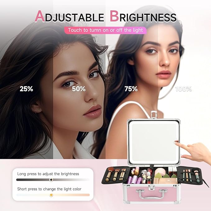 Leeora&Leekoo Makeup Box with LED Mirror & Aluminum Frame, Compact Multi-Layer Cosmetic Organizer - Portable ABS Travel Train Case for Makeup Storage(Gift for Girlfriend/Daughter) (Pink1)