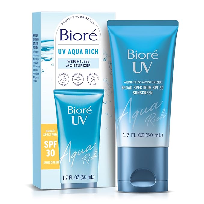 Bioré UV Aqua Rich SPF 30 PA+++ Daily Moisturizer Sunscreen for Face, For Sensitive Skin, Oil Free, Hyaluronic Acid, Vegan, Oxybenzone & Octinoxate Free, Dermatologist Tested, 1.7 Oz