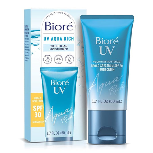 Bioré UV Aqua Rich SPF 30 PA+++ Daily Moisturizer Sunscreen for Face, For Sensitive Skin, Oil Free, Hyaluronic Acid, Vegan, Oxybenzone & Octinoxate Free, Dermatologist Tested, 1.7 Oz