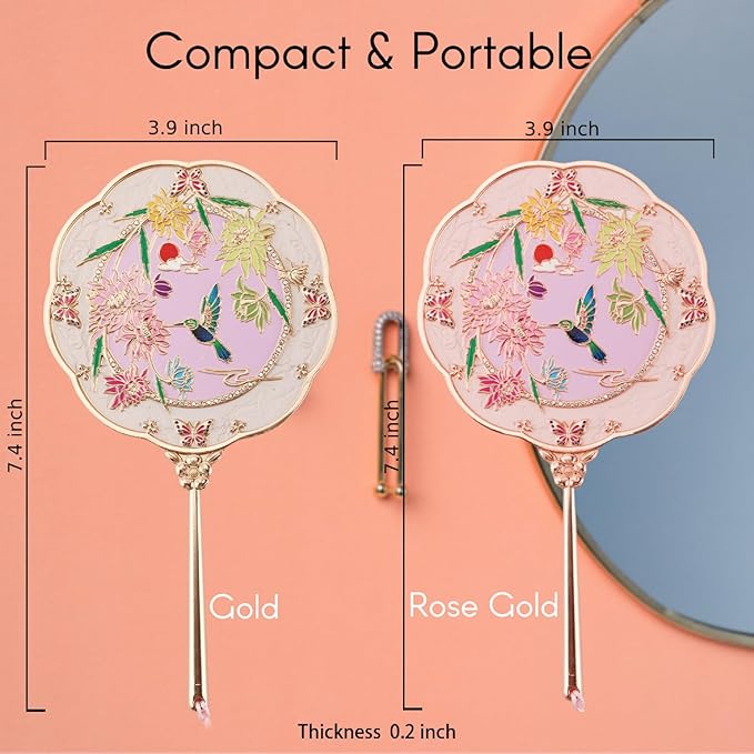 Hand Mirror, Handheld Mirror with Hummingbird Embossed Patterns, Metal Classic Makeup Mirror, Personal Cosmetic Mirror, Compact and Portable, Unique Gifts for Women(Rose Gold)