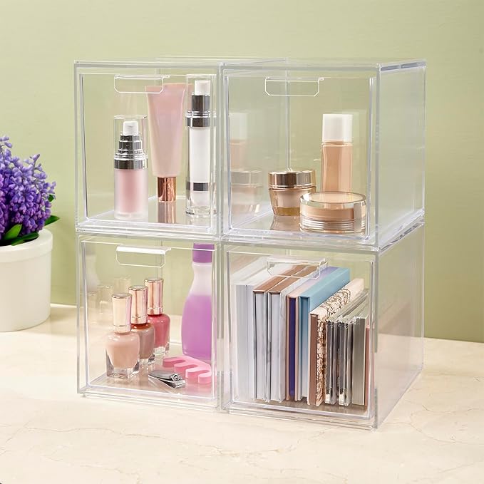 STORi Audrey Stackable Bin Clear Plastic Organizer Drawers | 2 Piece Set | Organize Cosmetics and Beauty Supplies on a Vanity | Made in USA