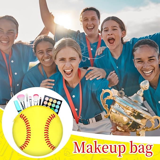 Reginary 12 Pcs Softball Makeup Bags Team Gift Round Sport Cosmetic Bags Canvas Softball Pouch Portable Makeup Pouch Travel Organizer for Women Men Team Player Travel