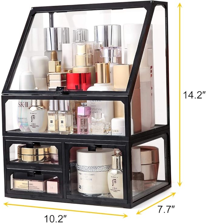 MOOCHI Black Vintage Glass Cosmetic Makeup Organizer 3 Drawers Set Dust Waterproof Cosmetics Storage Display Case Countertop for Brushes Lipsticks Jewelry