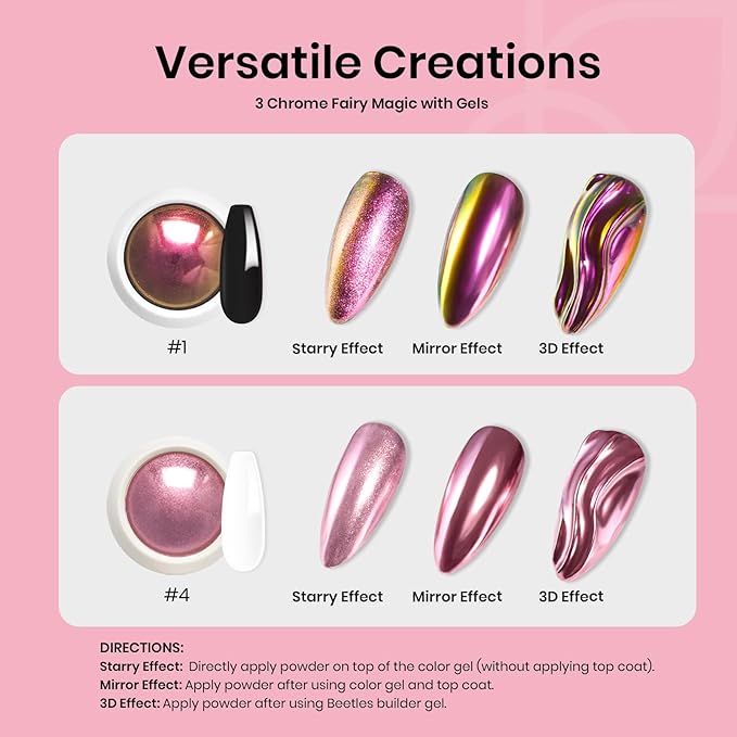 Beetles Metallic Chrome Nail Powder Kit Black White Colors Gel Polish Mirror Effect Holographic Metallic Nail Polish Chrome Manicure Art Decoration Glitter Nail Powder for Women