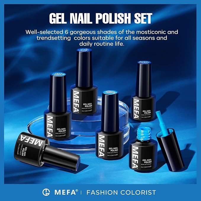 MEFA Blue Gel Nail Polish Set,6 Colors Midnight Navy Sapphire Blue Nail Polish Azure Glitter Dark Shades Starter Kit Soak Off Shimmer Gel Nail Art Design DIY Salon Manicure Holiday Gift for Women