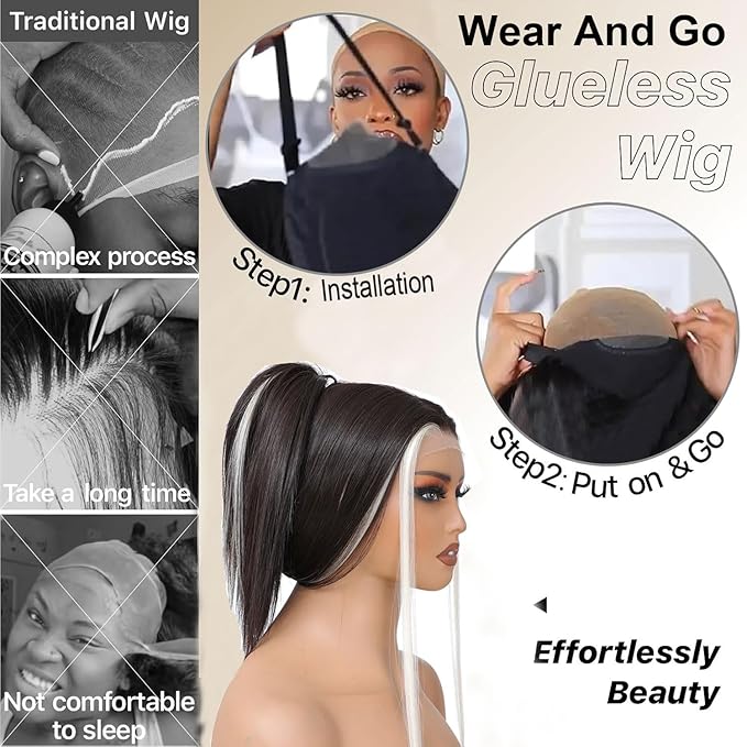 7x5 Lace Front Wig for Women Skunk Stripe Glueless Wig Synthetic Lace Wig Pre Plucked HD Lace Straight Wig Ready to Wear Long Straight Brown and Blonde Wig 26inch