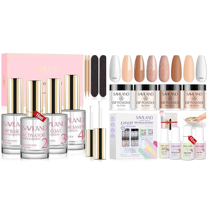 Saviland Dip Powder Liquid Set and Dip Powder Nail Kit French Nail Starter Set:12pcs Keratin Clear Nudes Glitter Nudes Dipping Powder Dip Base Top Coat Nail Activator Dip Powder Liquid Set