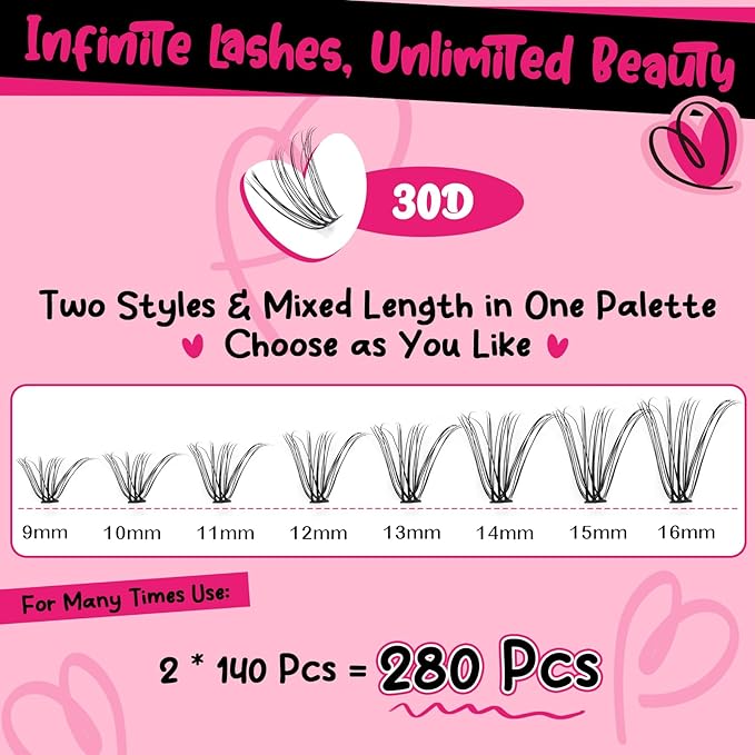 DIY Lash Extension Kit 280pcs Lash Clusters D Curl Eyelash Extension Kit Individual Lashes with Lash Bond and Seal Lash Remover Lash Applicator Easy to Apply at Home(30D-9-16mix Kit)