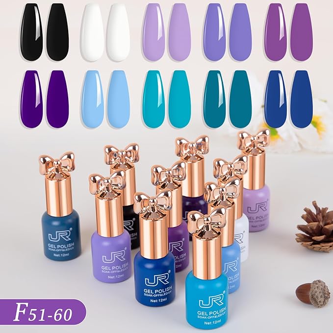 JR Violet Gel Nail Polish Set 10 Colors 0.4floz Butterfly Bottle Semi Cured Long Lasting Vegan Chip-Resistant Long-Lasting Soak off Gel Polish Gifts for Women F Model