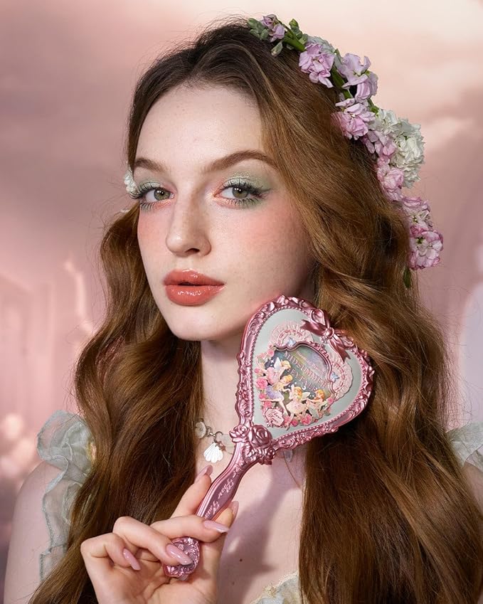 Flower Knows Midsummer Fairytales Hand Mirror,Portable Vintage Handheld Mirror,Durable Metal Mirror,Cute & Aesthetic Princess Mirror,with Long Handle for Easy Holding,Gift for Girls(Tea Menthe)