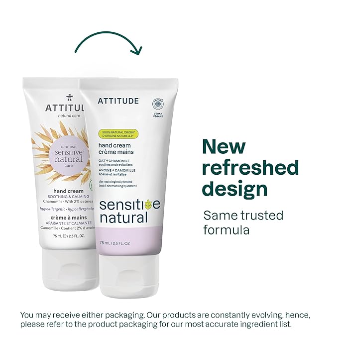 ATTITUDE Hand Cream for Sensitive Skin with Oat, EWG Verified, Dermatologically Tested, Vegan, Chamomile, 2.5 Fl Oz
