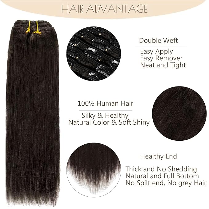 Loxxy Yaki Clip in Hair Extensions Real Human Hair for Black Women 20 inch Real Remy Thick Style Double Weft for African American,YK 7pcs/set 120g/set