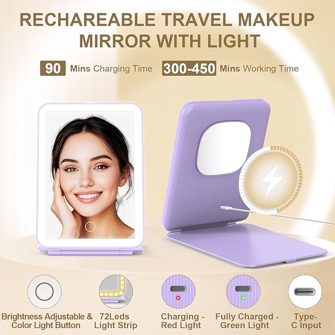 LED Foldable Travel Makeup Mirror - 5x7 inches3 Colors Light Modes USB Rechargeable Touch Screen, Portable Tabletop Cosmetic Mirror for Travel, Cosmetic, Office (Violet)