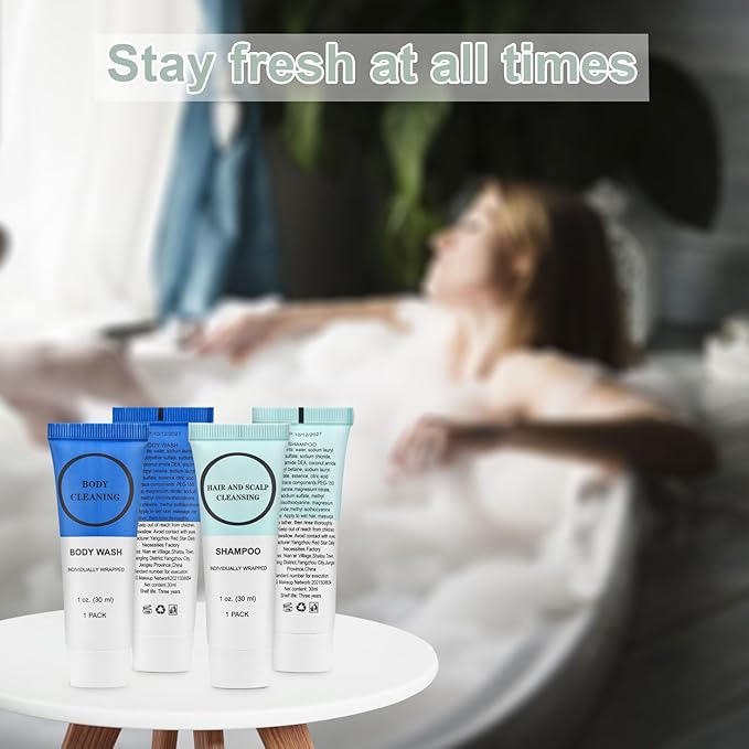 Travel Size Shampoo and Body Wash Bulk, Individually Wrapped Hotel Mini Shower Gel and Small Men Women Cleansing Toiletries Amenities for Hotel/Vacation/Homeless 1 oz (3.7inch, Count, 20)