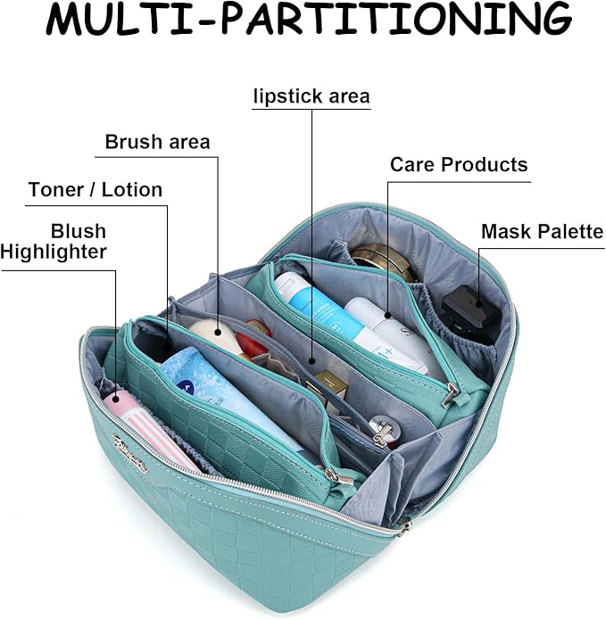 Travel Makeup Bag Organizer Cosmetic Bag: 3 Pcs Set Make up Bags for Women with Handle - Waterproof Vegan Leather Toiletry Bags with Comparments (Blue)