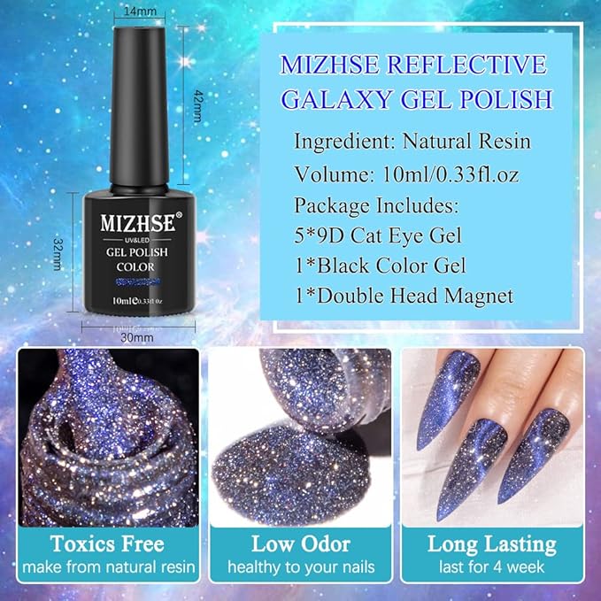 MIZHSE Reflective Glitter 9D Cat Eye Gel Nail Polish, Galaxy Magnetic Gel Polish Set with Magnet Stick, Holographic Chameleon Shimmery Effect Soak Off Nail Art Manicure Kit