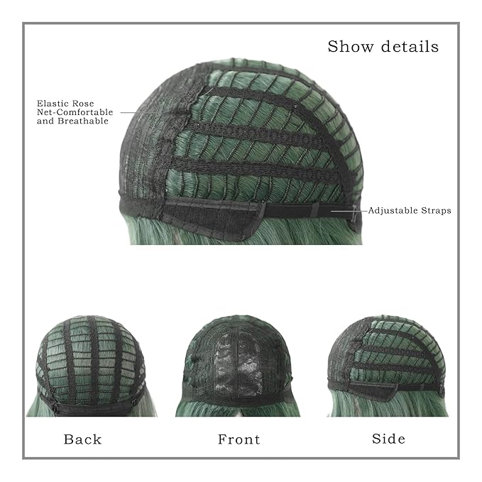 7JHH WIGS Long Straight Wigs with Curtain Bangs,Green Highlight Layered Wig for Women Synthetic High Density Heat Resistant Hair Wig for Daily Party 24 Inches