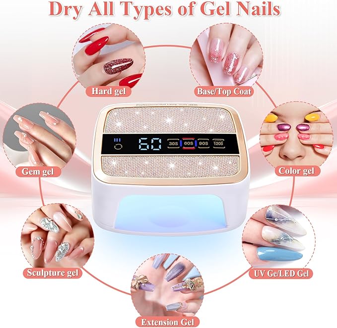 Cordless UV LED Nail Lamp, 168W UV Nail Light for Nail Polish, Portable Nail Dryer, Portable Nail Lamp with 4 Timers and LCD Display, Diamond Professional Nail Lamp for Home Salon Nail Art Tools
