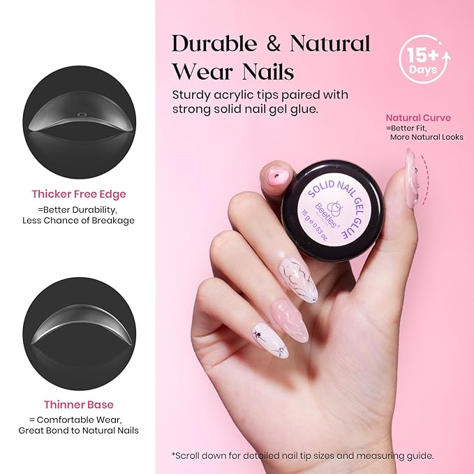 Beetles Gel Nail Kit, 300Pcs Almond Medium Nail Tips with Solid Nail Gel Glue,15 Sizes Soft Clear Nail Tips with Base Coat, Handheld Nail Lamp, Easy Nail Extension Set DIY Manicure Art Gift for Girls