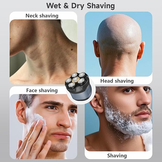 Head Shavers for Bald Men, 6D Electric Razor for Men Wet & Dry IPX6 Waterproof Head Shave, LED Display Rechargeable Rotary Razor with Type-C Charging, Removable Magnetic Shaving Head