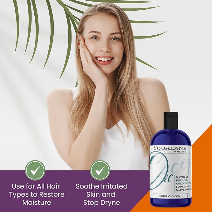 Dr Joe Lab Squalane Oil Pure Plant Derived Refined Cold Pressed Squalene From Olives Vegan Undiluted Bulk Carrier Oil for Face Skin Hair Body Cosmetics Natural Cleanser Moisturizer (8 oz)