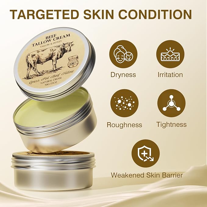 Beef Tallow for Skin, Tallow and Honey Cream,Tallow Face Moisturizer, Natural Organic Grass-Fed Beef Tallow Balm with Raw Honey Moisturizing Cream for Body Lotion Skin Care for Sensitive Skin 2 Packs