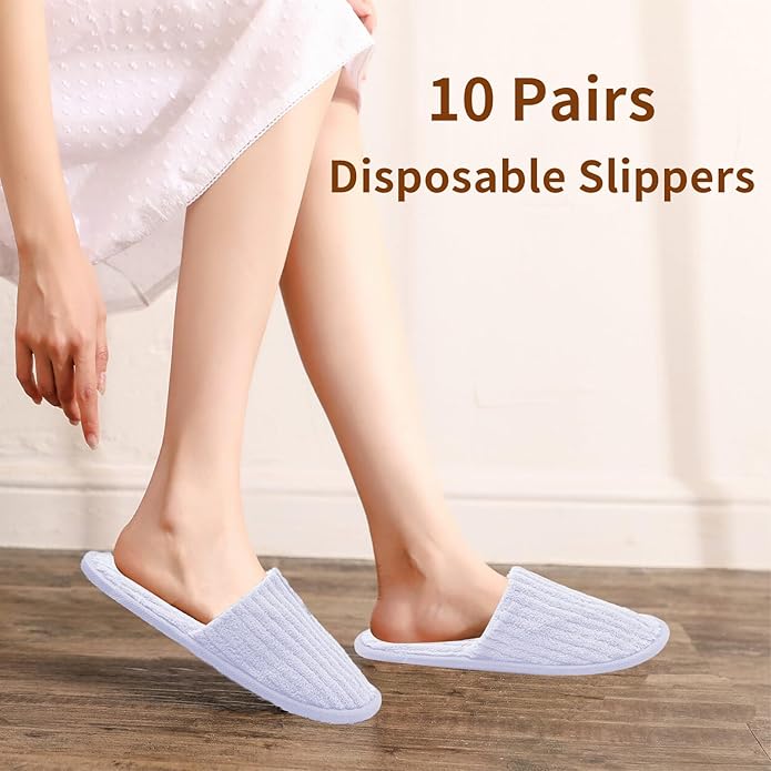 Disposable Slippers for Guests, 10 Pairs - Coral Fleece Hotel, Non-Slip SPA Slippers, Unisex Washable Reusable for Hotel & Travel Guests