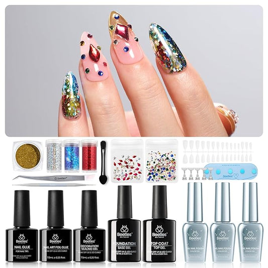 beetles Gel Polish Gem Party Gel Nail Polish with Base & Top Coat, Chrome Nail Powder, Winter PartyNails VintageNails Manicure Kit DIY Collection at home Salon Gifts Beetles X DIY Nail