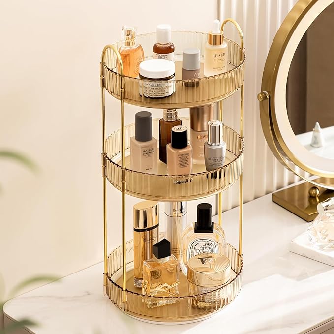 360 Rotating Makeup Organizer Countertop 3 Tier Bathroom Organizer Spinning Perfume Organizers, Skincare Organizers Makeup Carousel Cosmetic Brush Storage for Vanity, Countertop, Gold