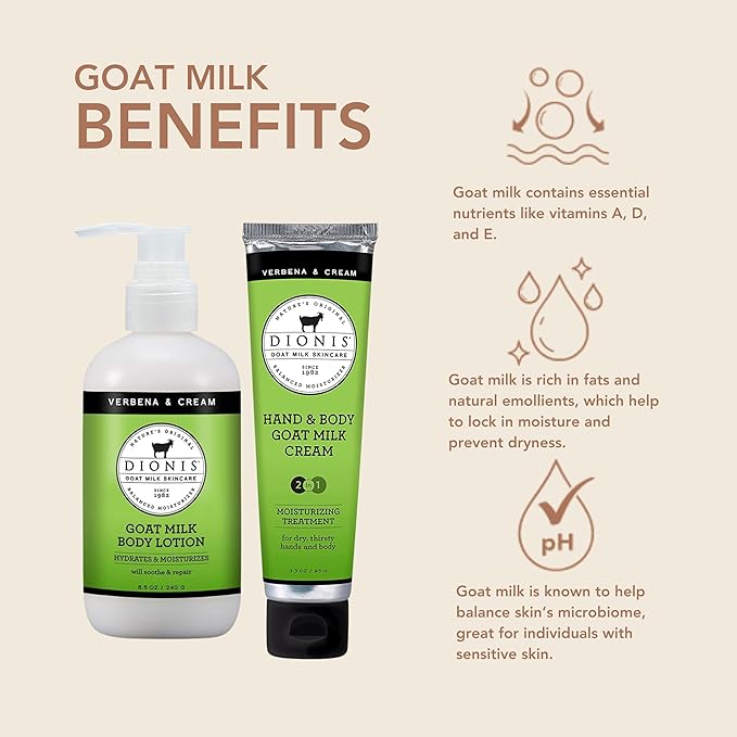 Dionis Goat Milk Skincare Verbena & Cream 8.5oz Hydrating Body Lotion and 3.3oz Hand & Body Moisturizing Travel Size Cream Bundle, Natural Ingredients, Made in the USA, Cruelty Free, Paraben Free