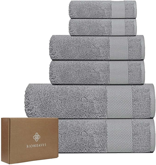 BIOWEAVES 100% Organic Cotton 700 GSM Plush 6-Piece Towel Set GOTS Certified, 2 Bath Towels, 2 Hand Towels & 2 Washcloths - Light Grey