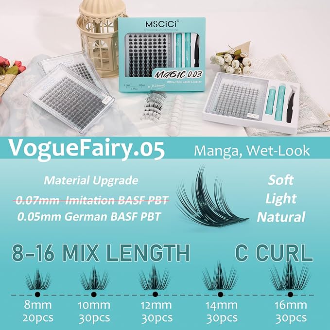 VogueFairy.05 EyeLash Clusters Kit 8-16mm C Curl - DIY Manga Eye Stylish Wet Look Eyelash Extensions Kit Ultra Soft Spiky Lashes Individual Fake Eyelashes Clusters Kit WideSpan Invisible Lash Band