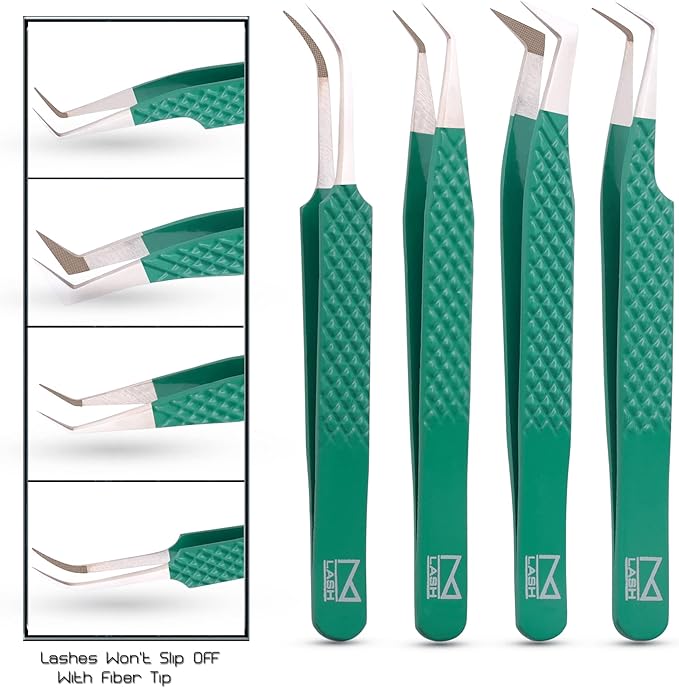 M LASH Tweezers for Eyelash Extensions (Set of 4) - Professional Lash Extension Tweezers - Fiber Tip, Japanese Steel, Diamond Grip Eyelash Extension Tweezer (Verdigris)
