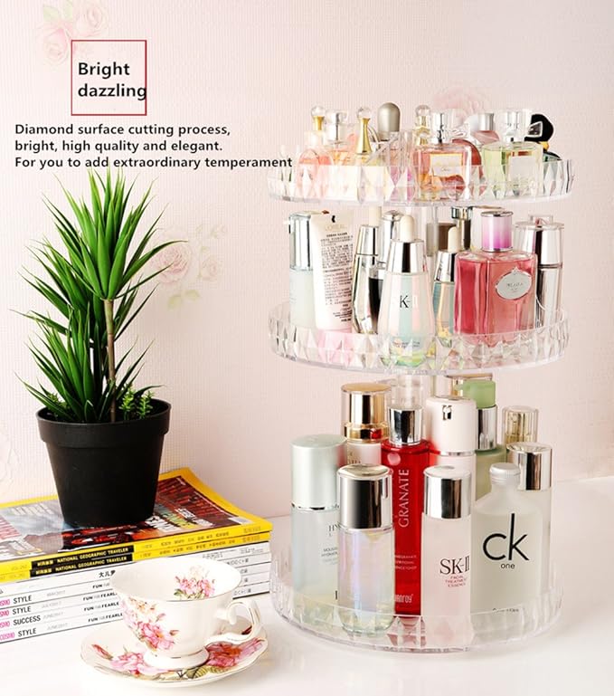 Diamond Pattern Three Layers Perfume Organizer, 360 Rotating Diamond Cosmetic Storage Box Transparent Acrylic Swivel Shelf Desktop Skin Care Product Dresser Finishing, Plus Size