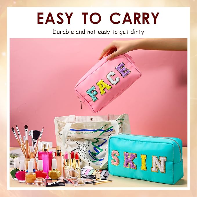 Remerry 4 Pcs Makeup Bag Travel Cosmetic Bag Organization Chenille Letter Toiletries Stuff Pouch Preppy Waterproof Gift for Women Girl Teen (Colorful,Face Skin Hair Stuff)
