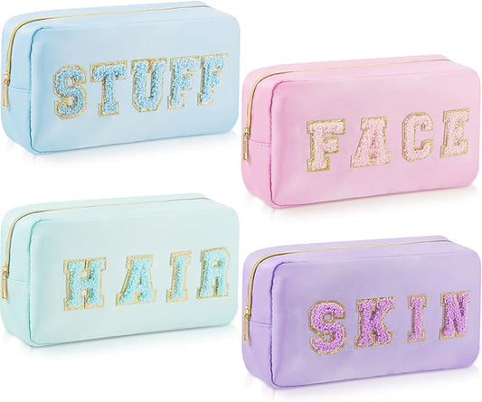 4 Pcs Travel Toiletry Bags for Women Preppy Makeup Bags Organizer Face Skin Hair Stuff Chenille Letter Pouch with Zipper Aesthetic Waterproof Skin care Hair Bag for Women Gifts