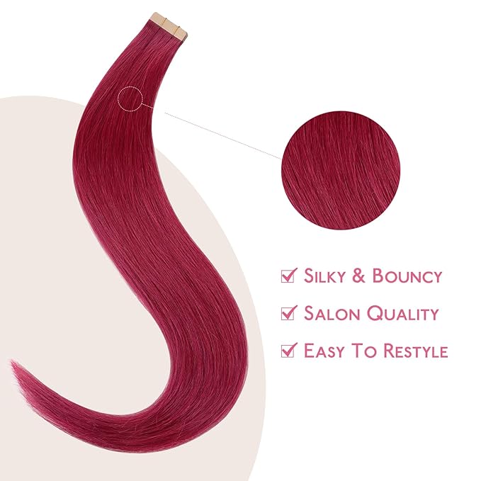 WENNALIFE Tape in Hair Extensions Human Hair Burgundy Red Tape in Extensions, 10pcs 30g 26 inch Remy Invisible Tape Ins Straight Colored Soft Real Human Hair Tape in Extensions Refill Set Extensions